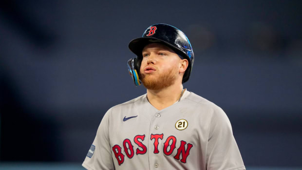 Sep 15, 2023; Toronto, Ontario, CAN; Boston Red Sox right fielder Alex Verdugo (99) reacts to being called out during the ninth inning against the Toronto Blue Jays at Rogers Centre.